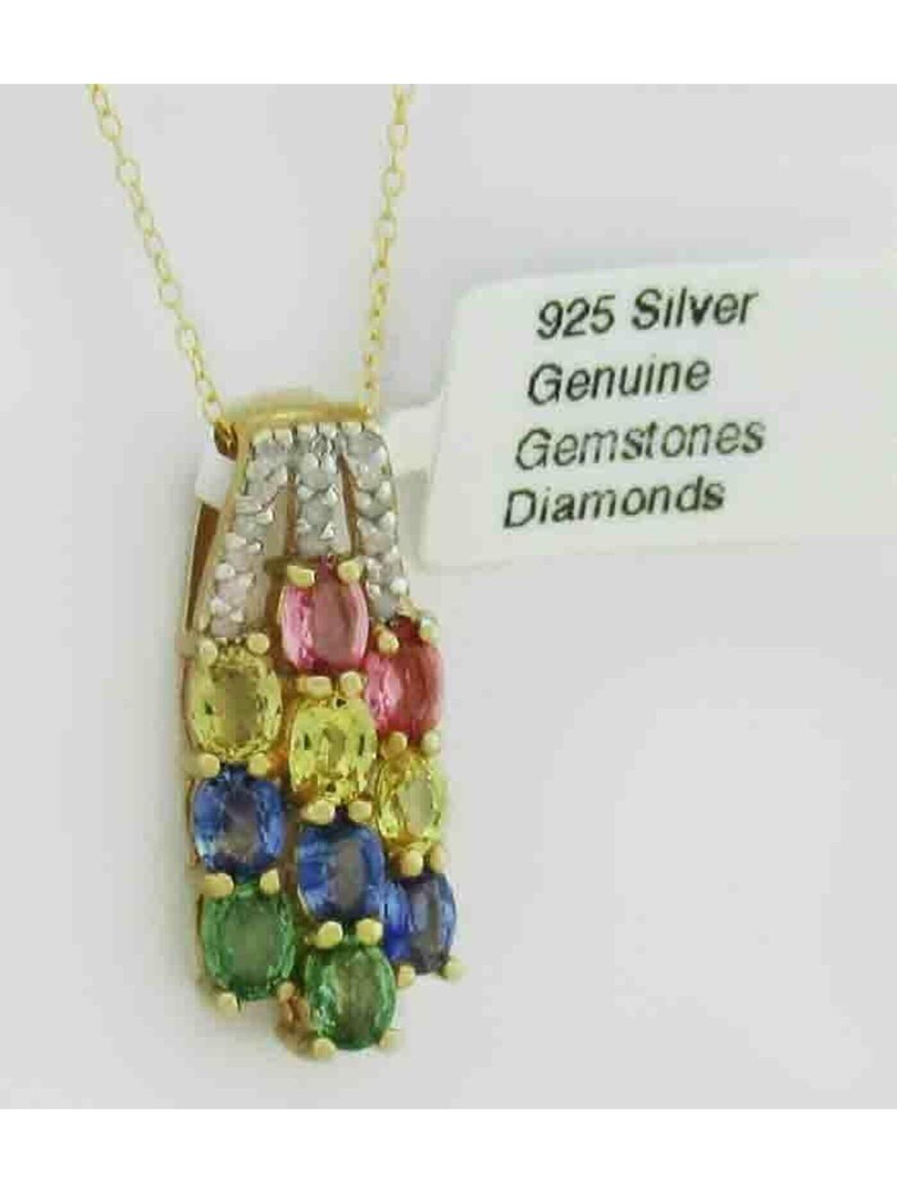 GENUINE 3.80 Cts Multi-color Stones  & DIAMONDS NECKLACE .925 Silver